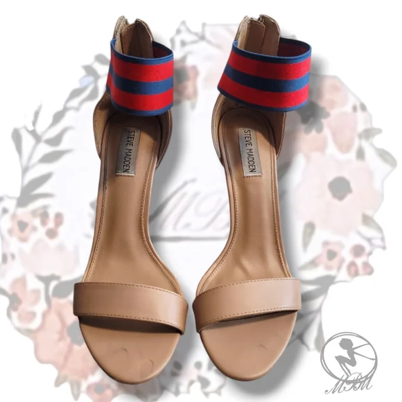 💕 Steve Madden "Paradise" Red and Blue Stripe Elastic Band Nude Heels size 10m - Picture 3 of 6